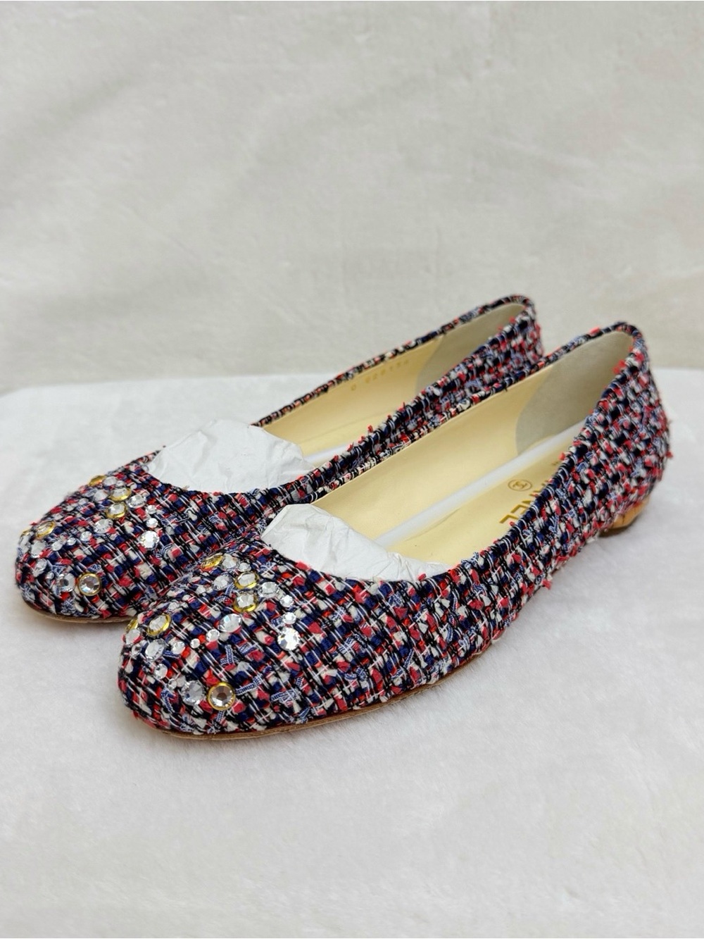 🚩steal CHANEL Multicolor Tweed Crystal Ballet Flats in Red, Blue & White